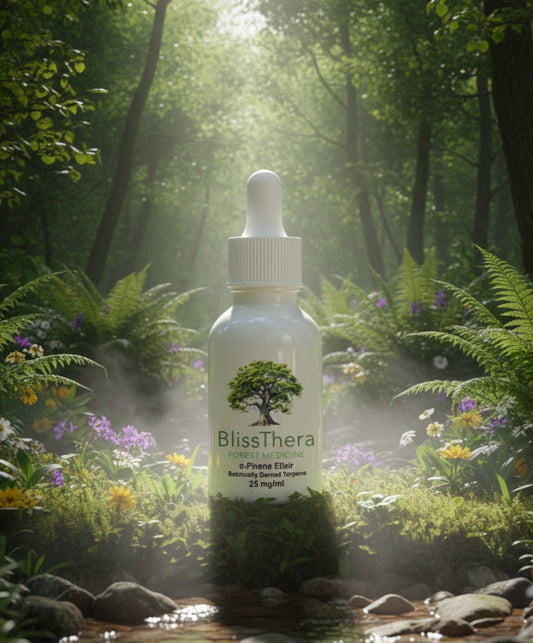 Bottle of BlissThera Alpha Pinene in a forest setting with a stream and sunlight filtering through the trees.