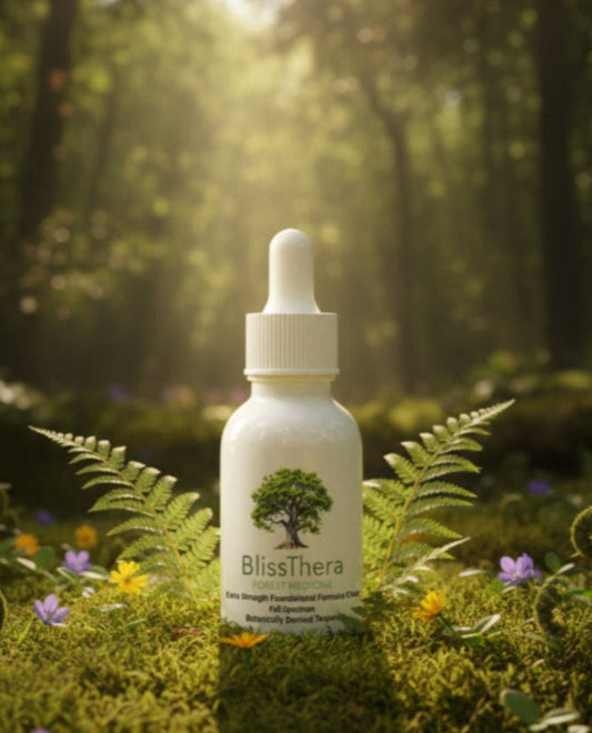 BlissThera bottle in a forest setting with sunlight filtering through the trees.