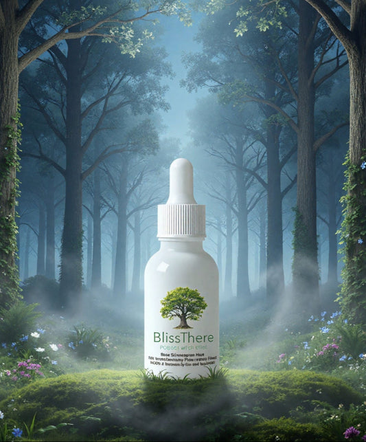 Bottle of 'BlissThera" Sleep Enhancement Elixir in a twilight mystical forest setting
