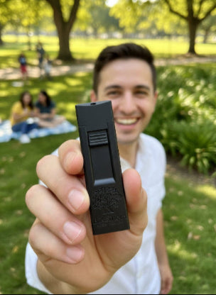 Person holding the Forest Flute in a park setting with people and trees in the background.