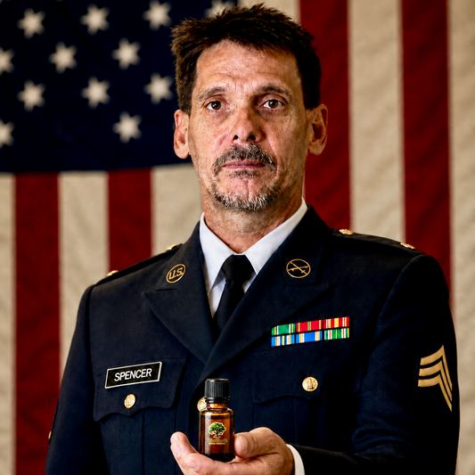 Army war veteran in uniform standing in front of an American Flag, holding a refill bottle of "Forest Calm" for the Forest Myst Flute Forest Medicine device. 