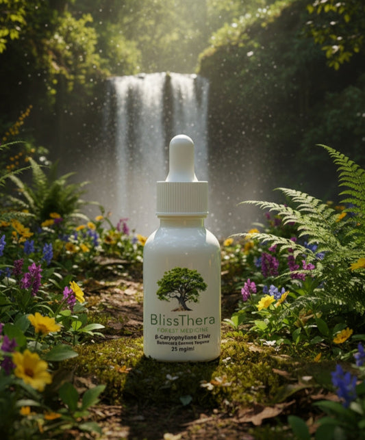 Bottle of BlissThera Beta-Caryophyllene in a forest setting with a waterfall and flowers
