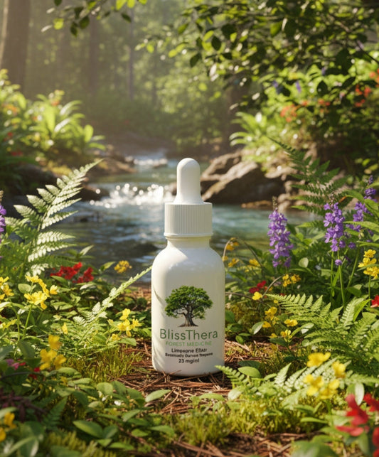Bottle of BlissThera Limonene product in a natural setting with a stream and flowers.