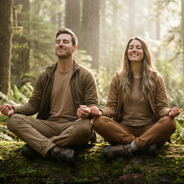 A man and a woman sit cross-legged on a mossy log in a sunlit forest - they are experiencing Forest Calm formula from BlissThera and Mindscape Forest Myst Flute.