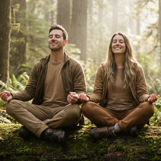 A man and a woman sit cross-legged on a mossy log in a sunlit forest - they are experiencing Forest Calm formula from BlissThera and Mindscape Forest Myst Flute.