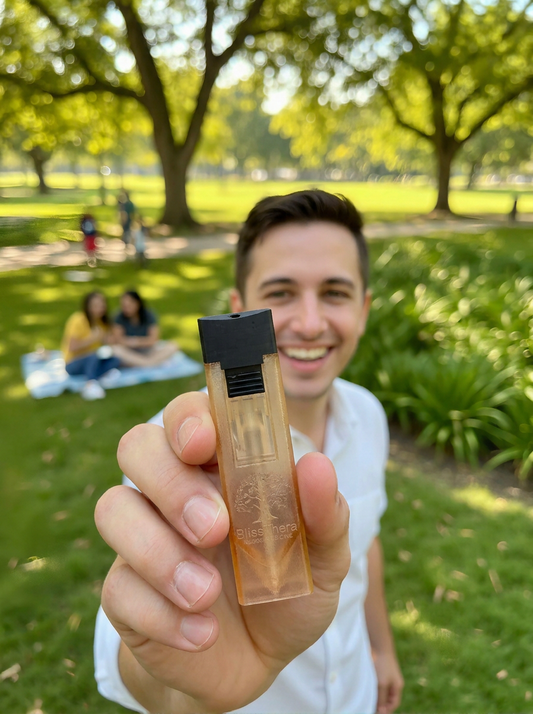 A man smiling in a sunny park while holding up a Forest Myst Flute by BlissThera Forest Medicine and the background shows a blurred green park with people sitting on a blanket.