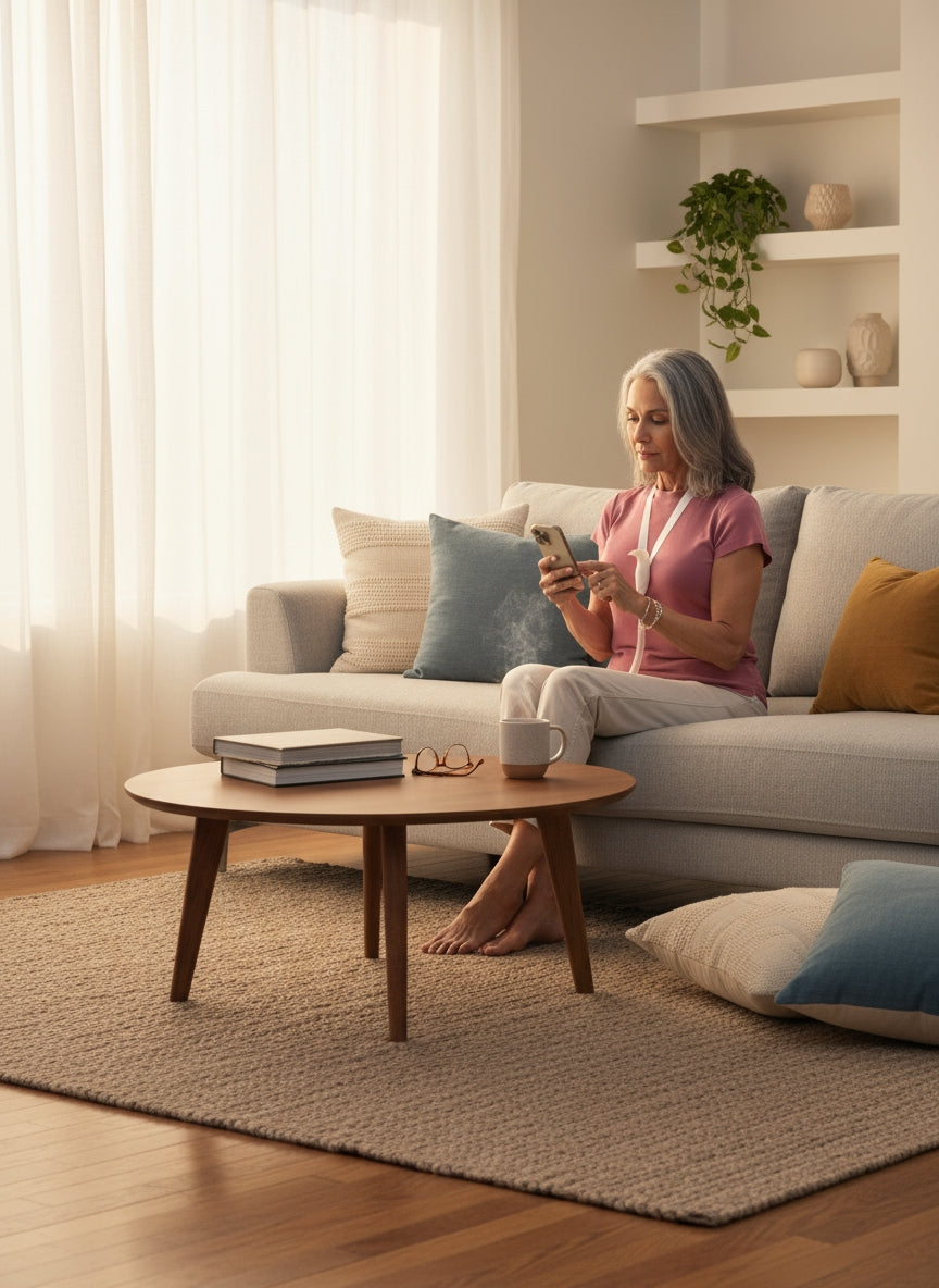 Woman sitting on a couch in a living room using a BlissThera Therapy home system with her smartphone.